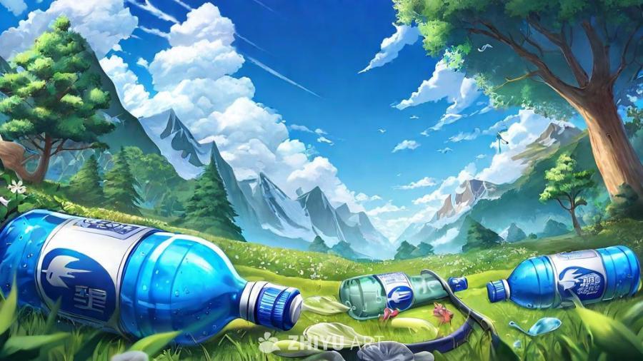 蓝色的天空下，绵延的山脉和白云构成背景。草地上散落