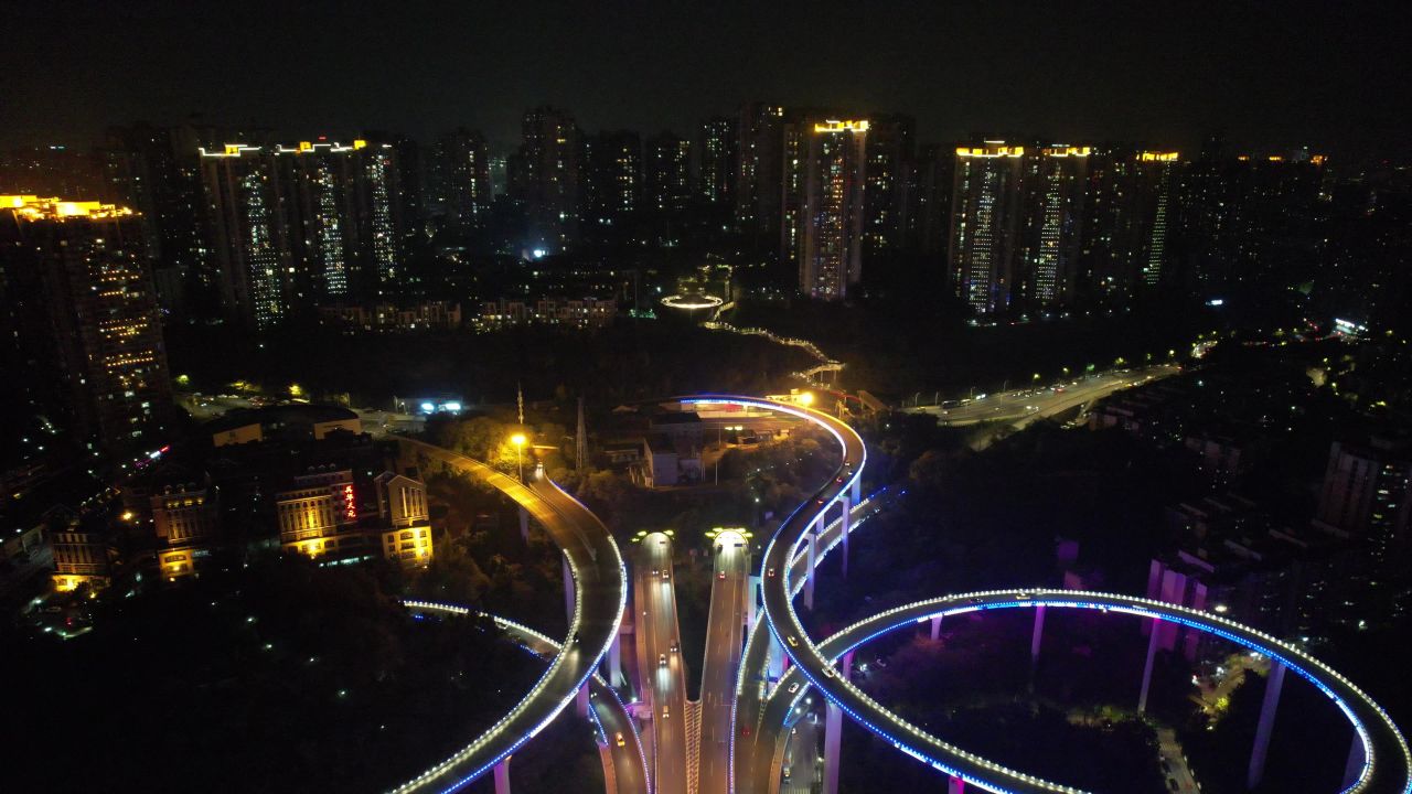 重庆铜元局高架立交桥夜景航拍