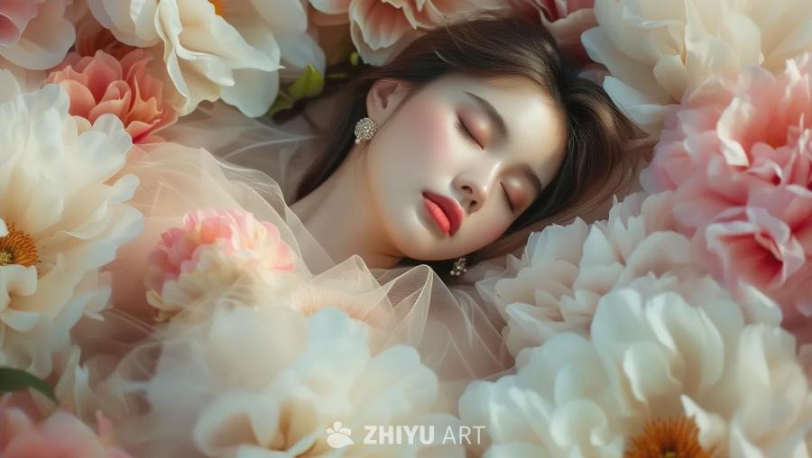 一名年轻女子仰卧于花丛中，双眼紧闭，似在沉睡。她的
