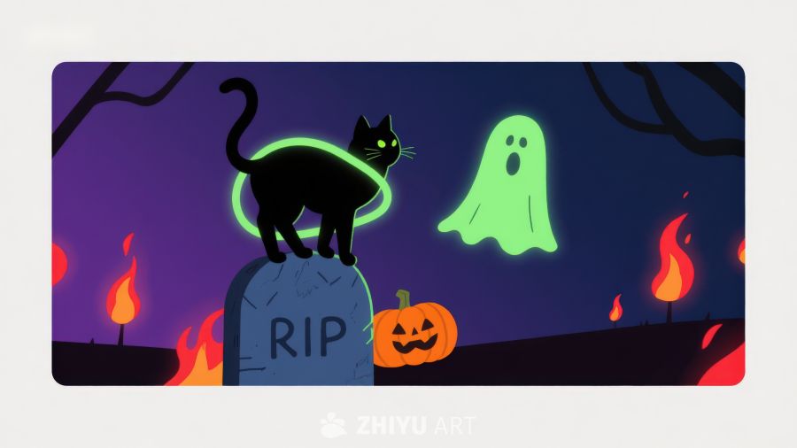 万圣夜墓碑上的黑猫与幽灵