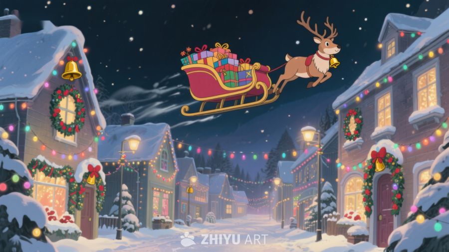 圣诞夜雪景与驯鹿雪橇 235