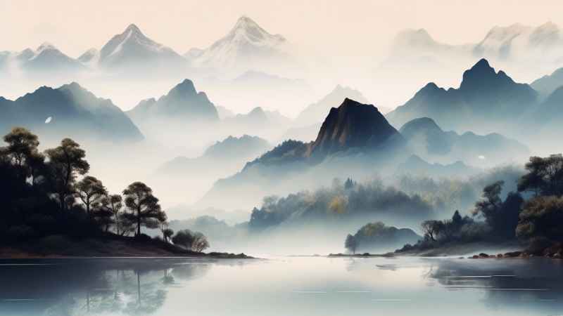 国风水彩画山水风景插画 43