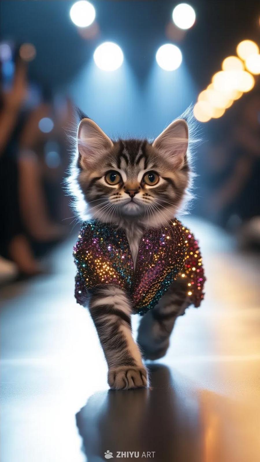 一只穿着时髦、引人注目的服装的小猫，这件服装的灵感