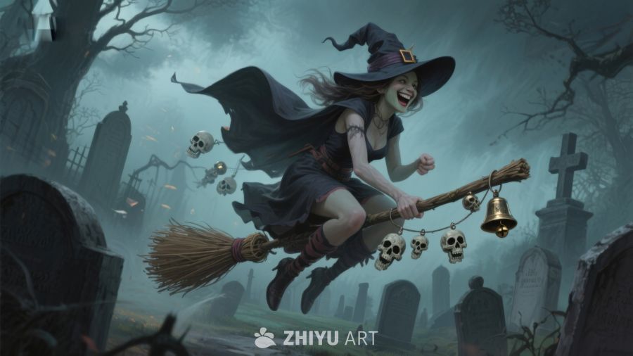 女巫骑扫帚飞越墓地