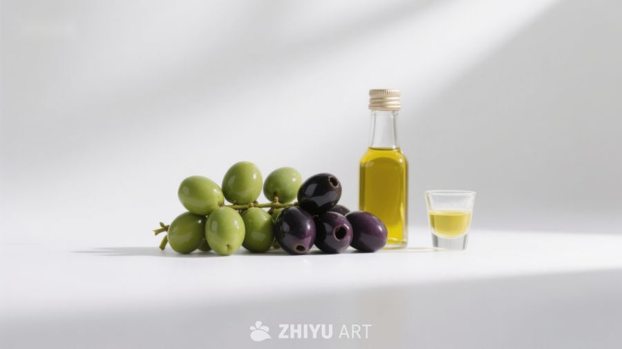 橄榄与橄榄油的静物组合