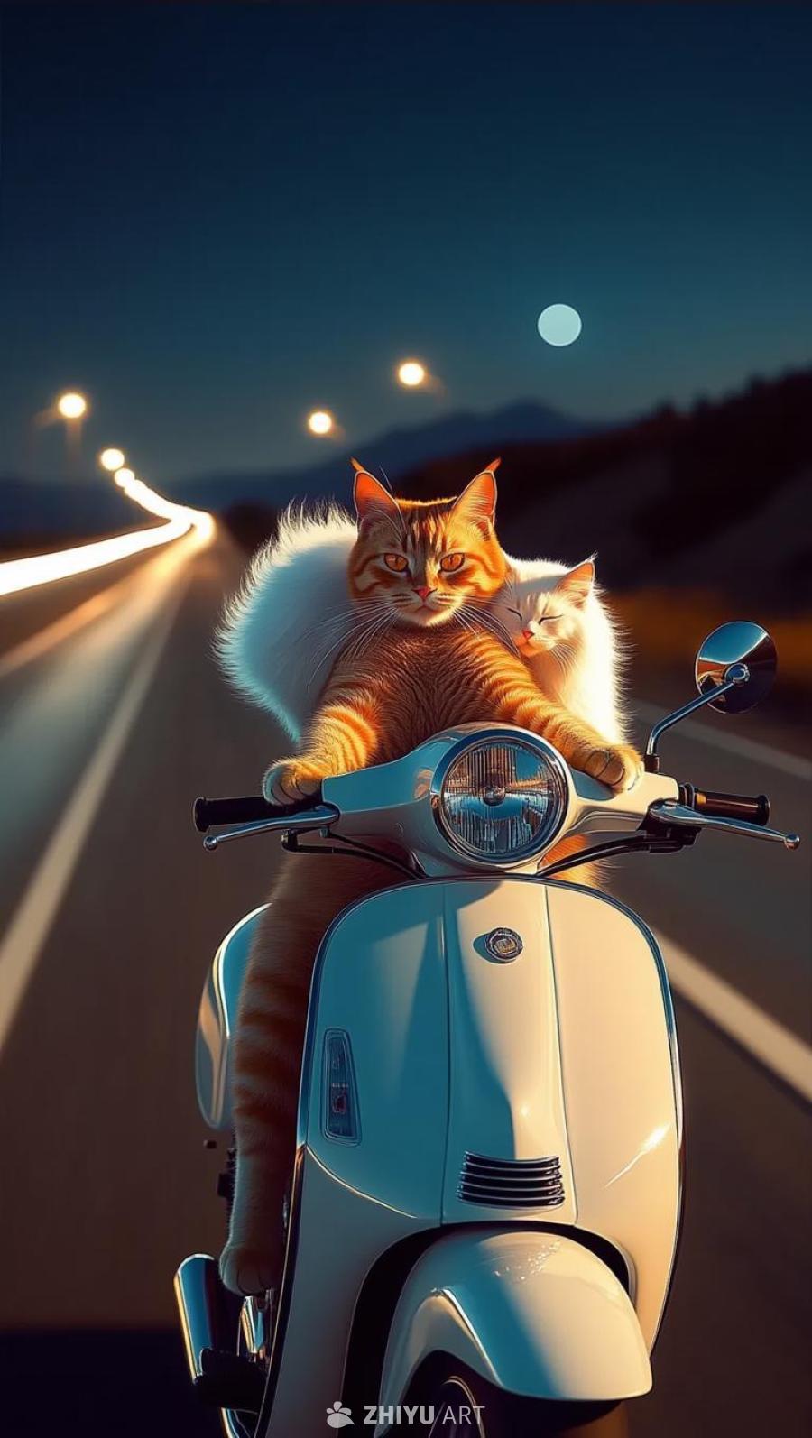 一只橙色虎斑猫骑着一辆亮白色的摩托车，行驶在夜晚的