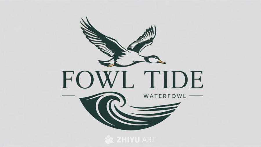 一只水鸟在飞行，下方是波浪形的潮汐图案。“Fowl