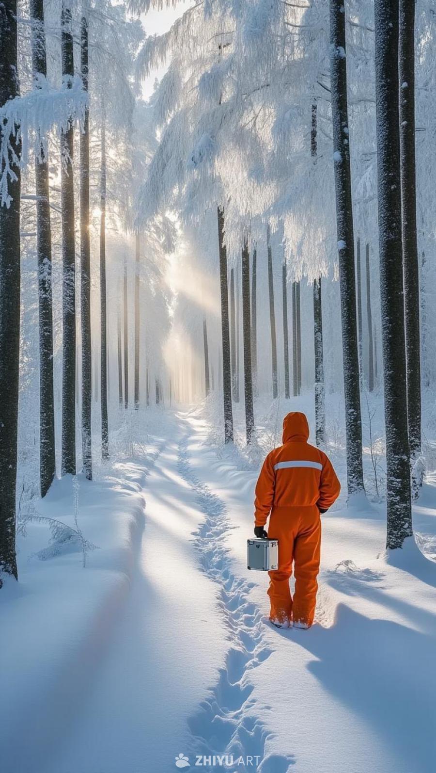 一片宁静的冬季森林覆盖着白雪，高大的树木上覆盖着霜