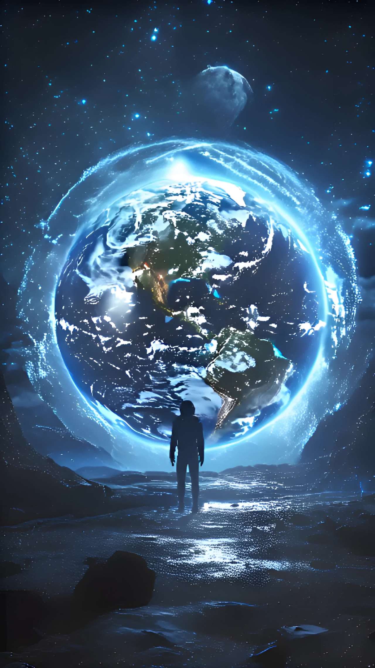一个穿着深色服装的人站在一个看起来像月球表面的地方