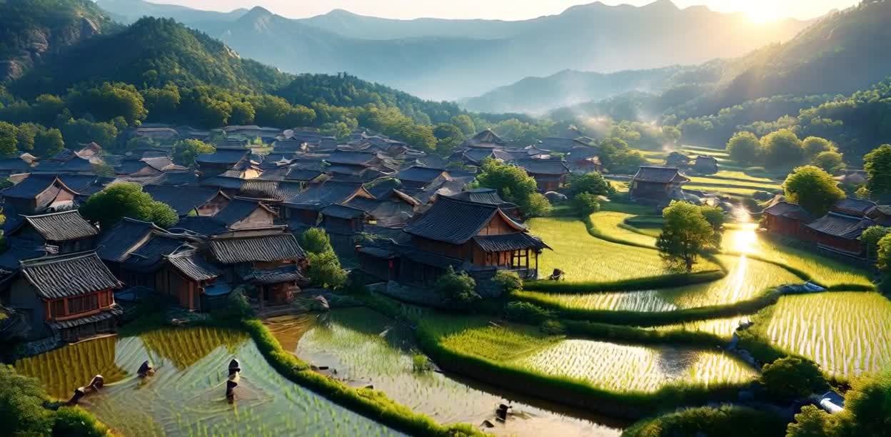镜头从高空俯瞰一个村庄，村庄坐落在梯田之中。房屋建