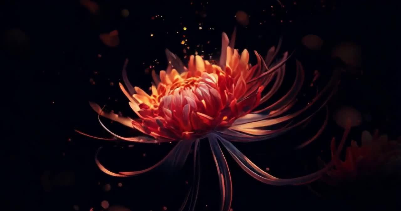 一朵红色菊花在黑色的背景中绽放。花瓣呈现半透明质感
