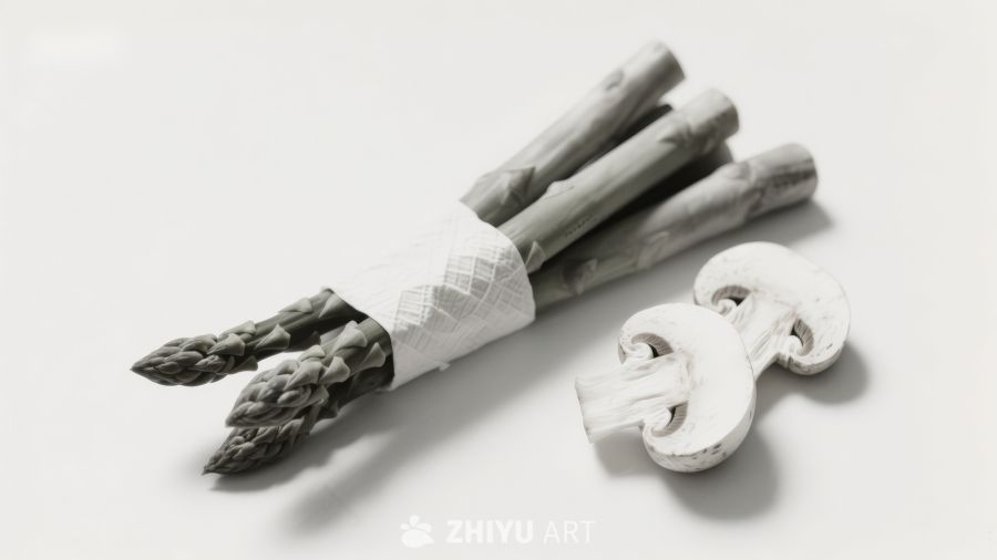 芦笋与蘑菇静物摆拍