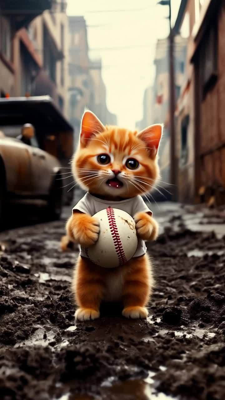 一只拟人化的橙色小猫站在泥泞的街道上，它有着大大的