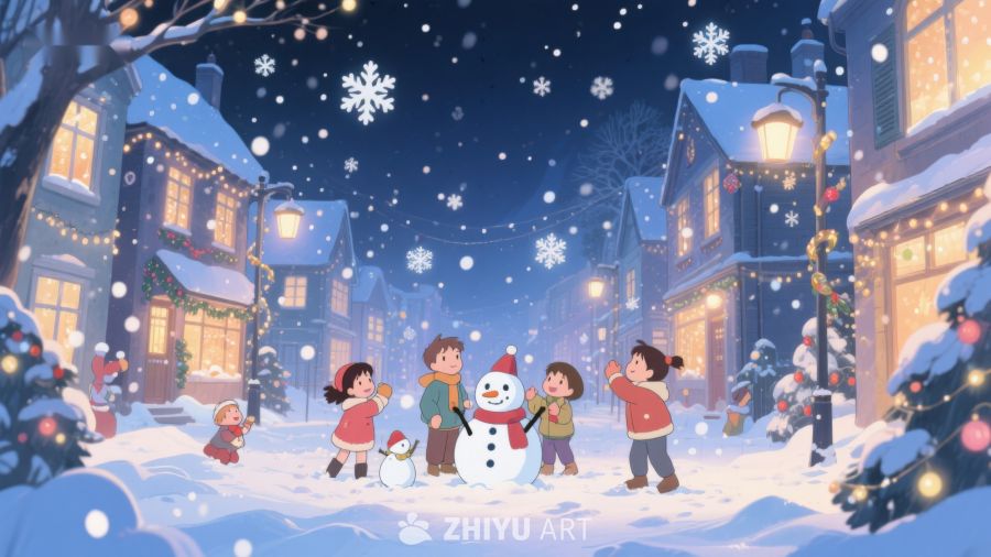 冬夜雪景中的欢乐儿童 111