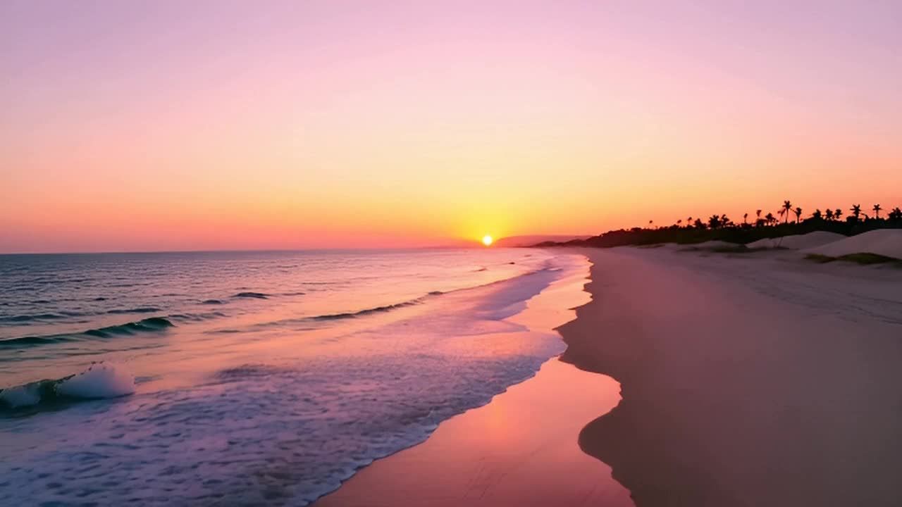 日落时分的宁静海滩，太阳在海面上反射出光芒。海浪缓