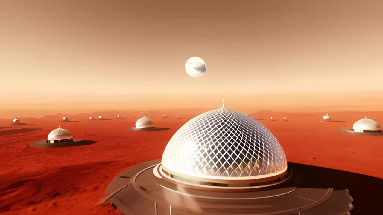 火星表面上，一个未来派的清真寺圆顶坐落在一个火星定
