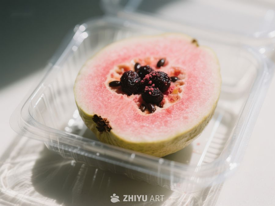 切开的番石榴置于透明塑料盒中 403