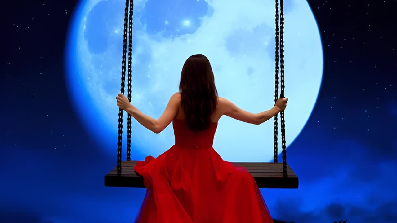 一位身穿红色长裙、深棕色头发和白皙皮肤的女性正在荡
