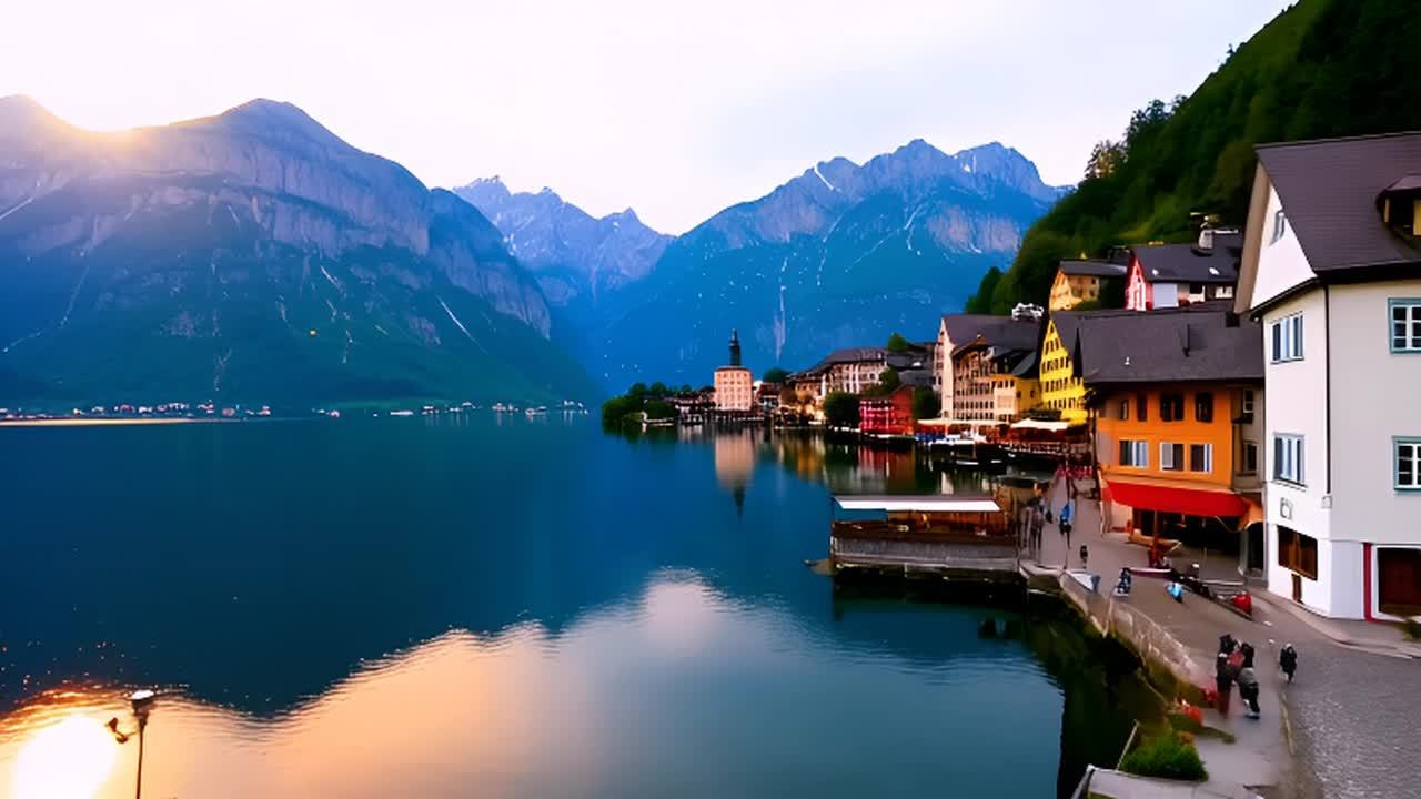 奥地利哈尔施塔特湖畔村庄，背景是阿尔卑斯山。湖水倒