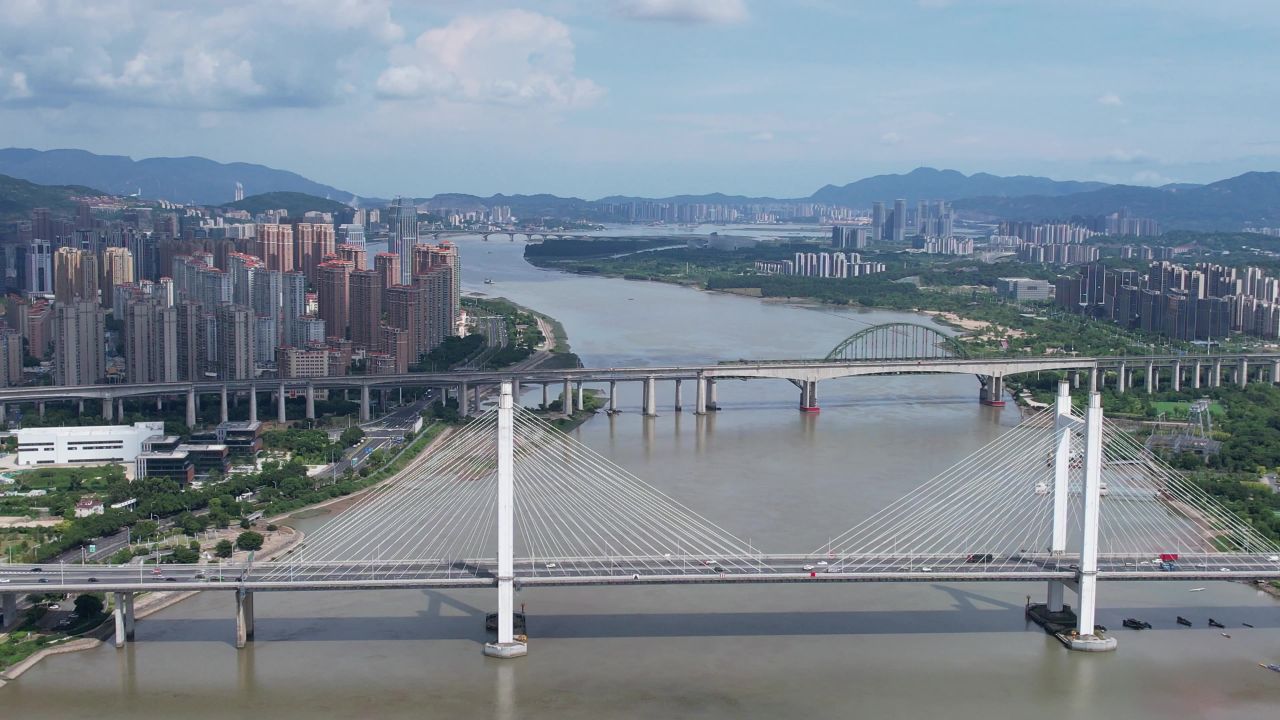 福建福州闽江风光桥梁交通航拍
