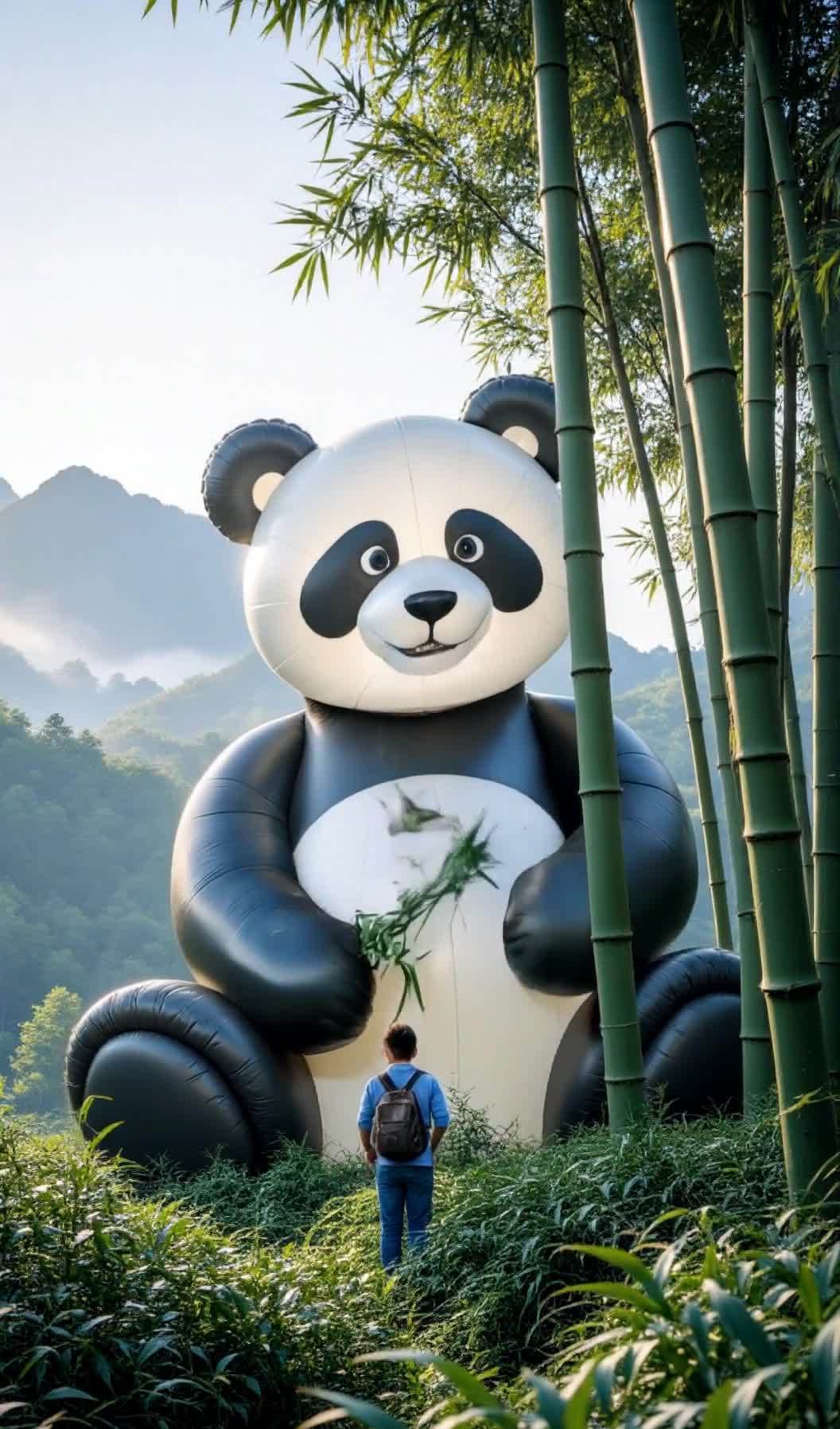 一只正在吃竹子的熊猫，竹子在它的嘴里。熊猫突然看到