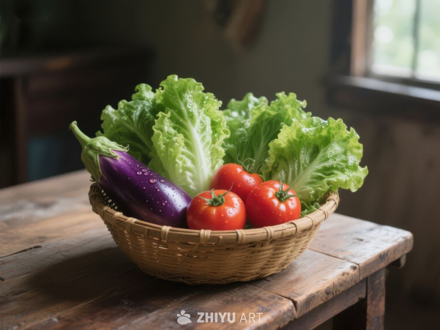 新鲜蔬菜篮子置于木桌之上 674