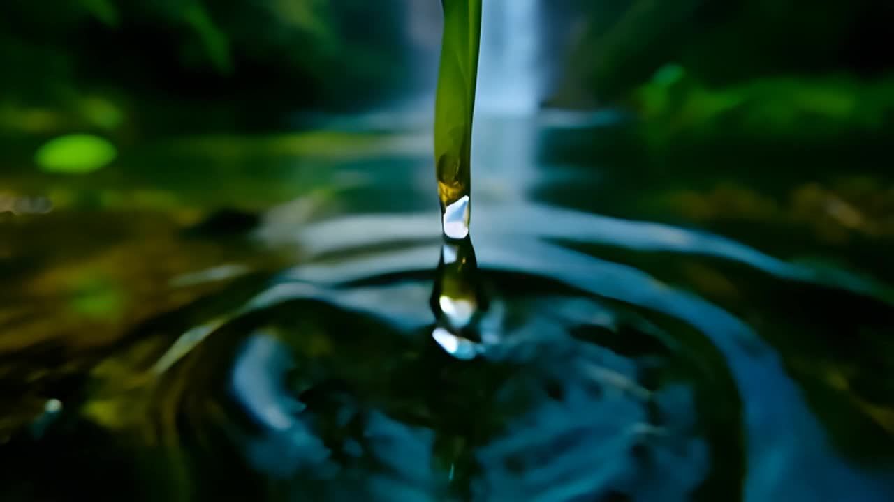 一滴水珠悬挂在叶尖上，清晰地反射出周围的森林。当柔
