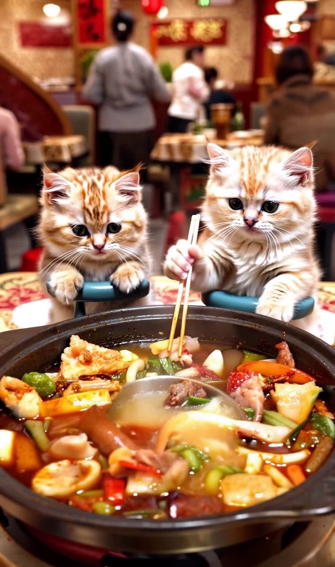 两只小猫坐在餐桌前，它们的前爪搭在蓝色的支架上。其