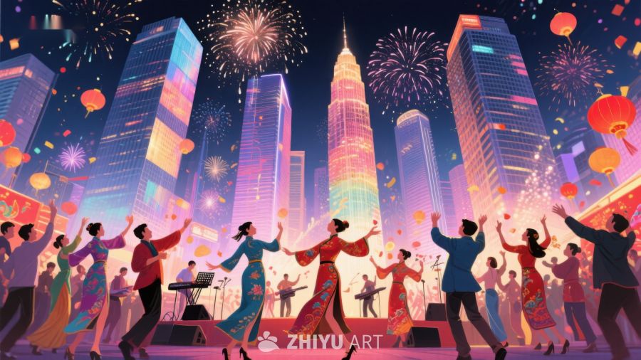 城市夜景下的传统舞蹈庆典 7