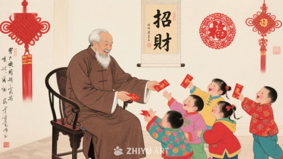 老人分发红包，孩童欢笑迎新春 86