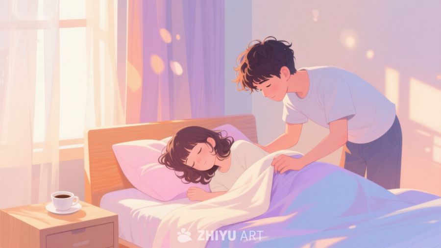 温馨晨光中，男子轻抚熟睡女子 353
