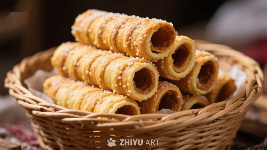 金黄酥脆的蛋卷堆叠在竹篮中