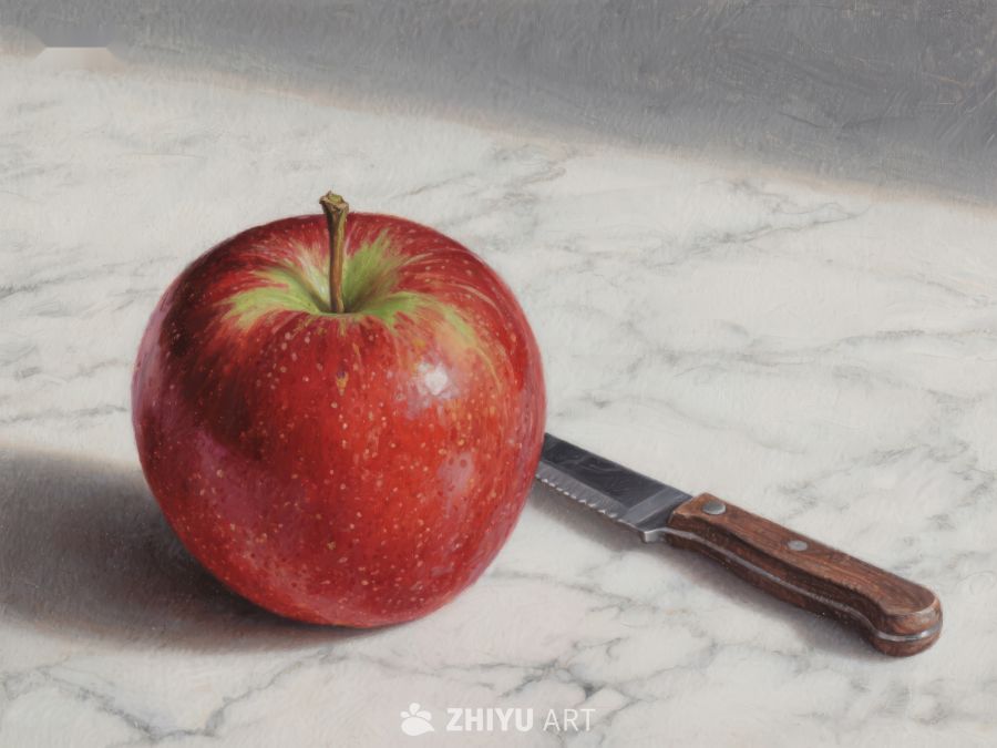 红苹果与木柄刀静物画 125