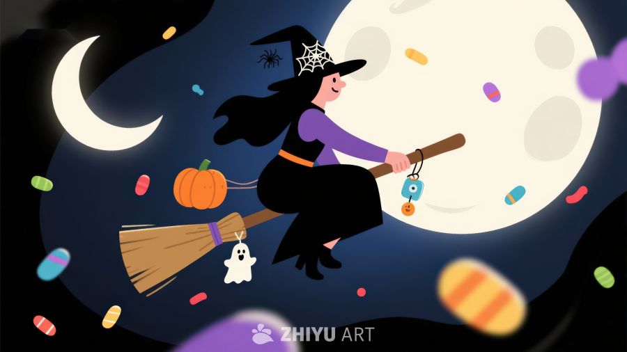 万圣夜巫女骑扫帚飞越满月