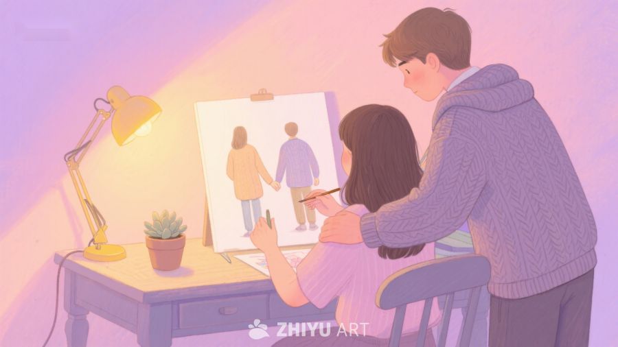 两人共同绘制温馨家庭画 214