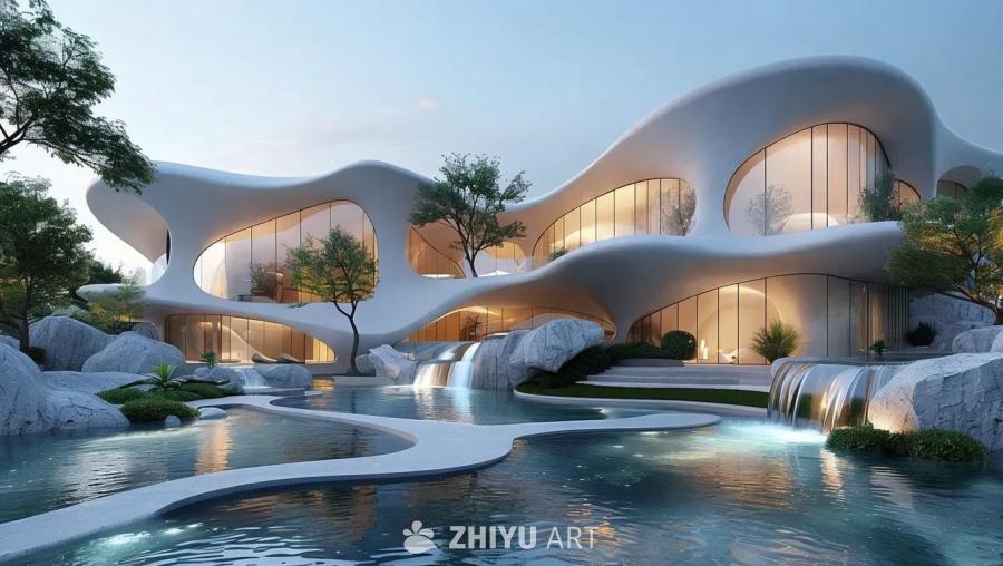 一座建筑结构与流畅的有机形态融合的建筑物，灵感来源