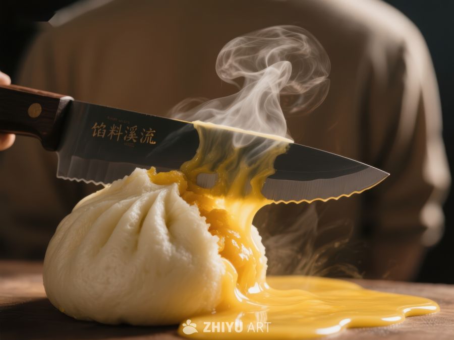 热气腾腾的包子被刀切开，汤汁四溢 877
