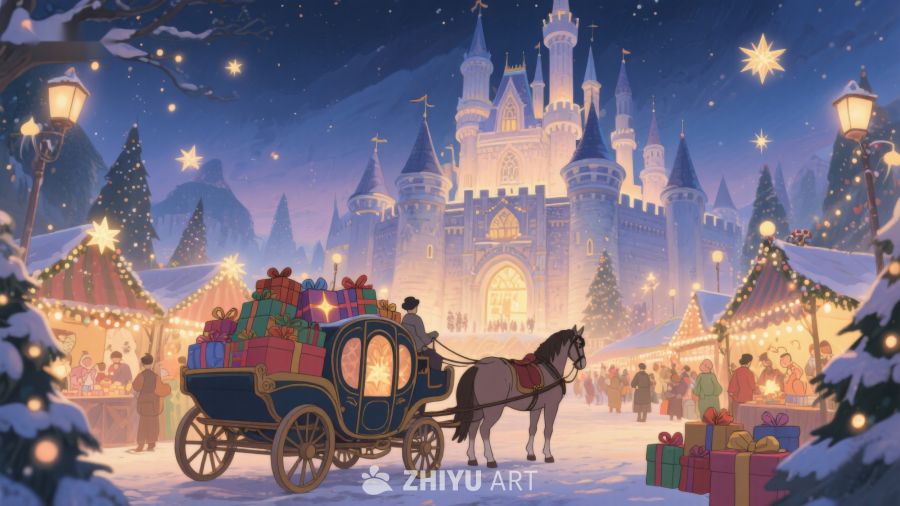 冬夜城堡前的圣诞马车 36