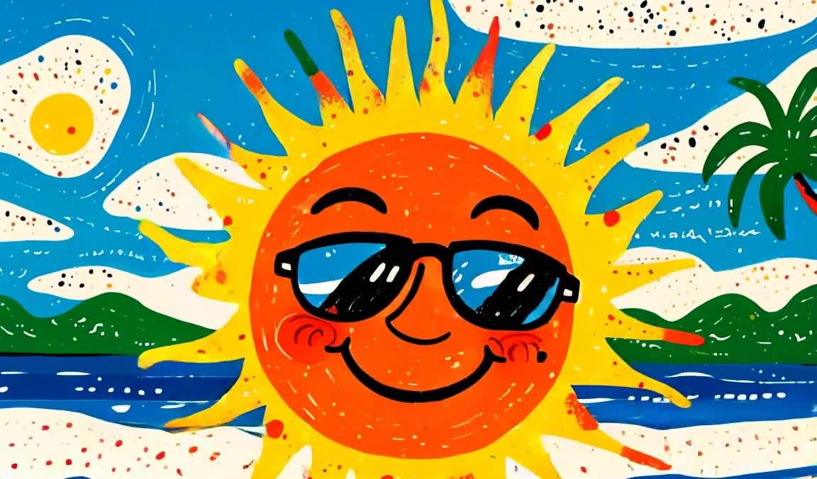 太阳佩戴着太阳镜，脸上带着微笑。背景是蓝色的天空，