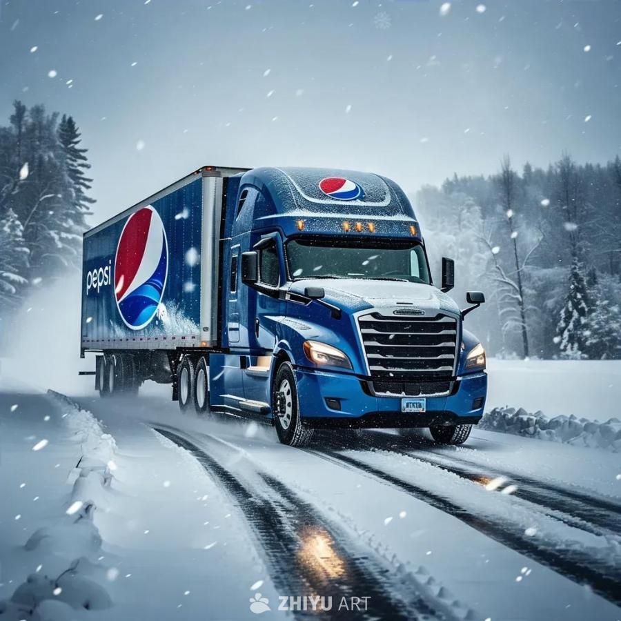 一辆百事卡车行驶在积雪覆盖的道路上。雪花不断飘落，
