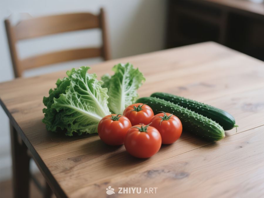 新鲜蔬菜摆放于木质餐桌 292