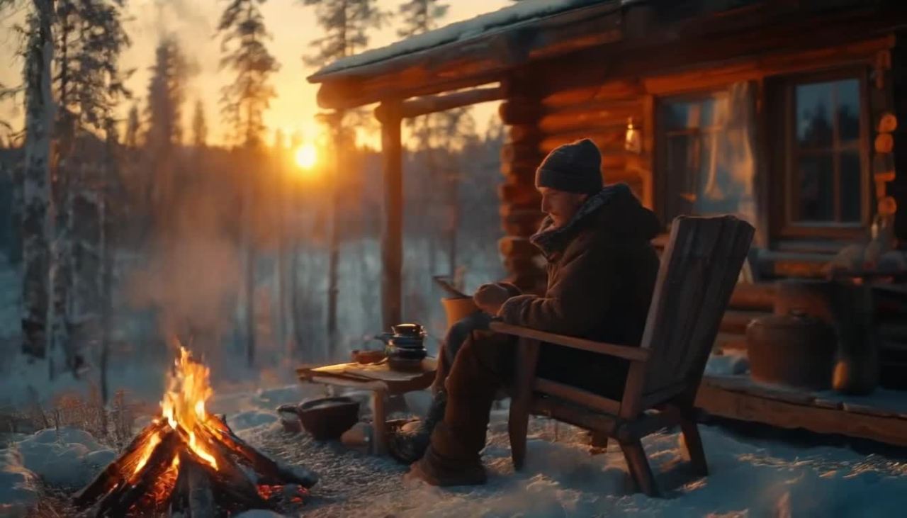 雪地里有一间小木屋，背景是夕阳。一名男子戴着帽子，