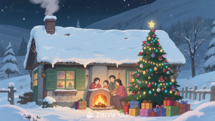 雪夜温馨小屋与圣诞树 401
