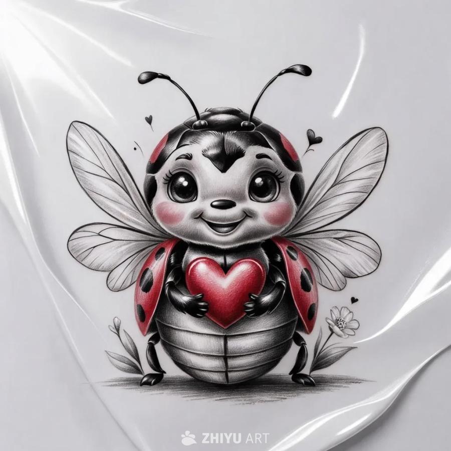一只可爱的瓢虫，翅膀纤细，曲线柔和，手捧着一颗小红