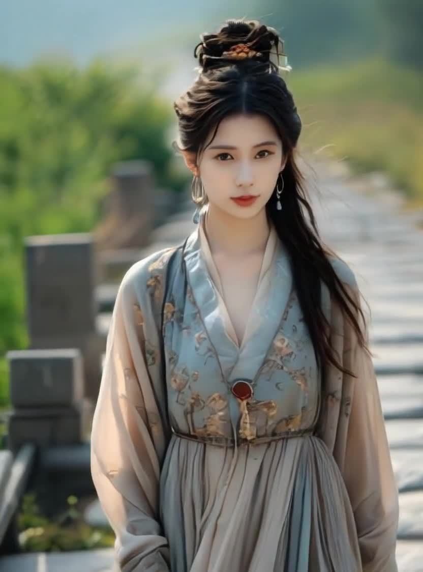古典装扮女子于石板路，背景模糊树木，光线柔和。