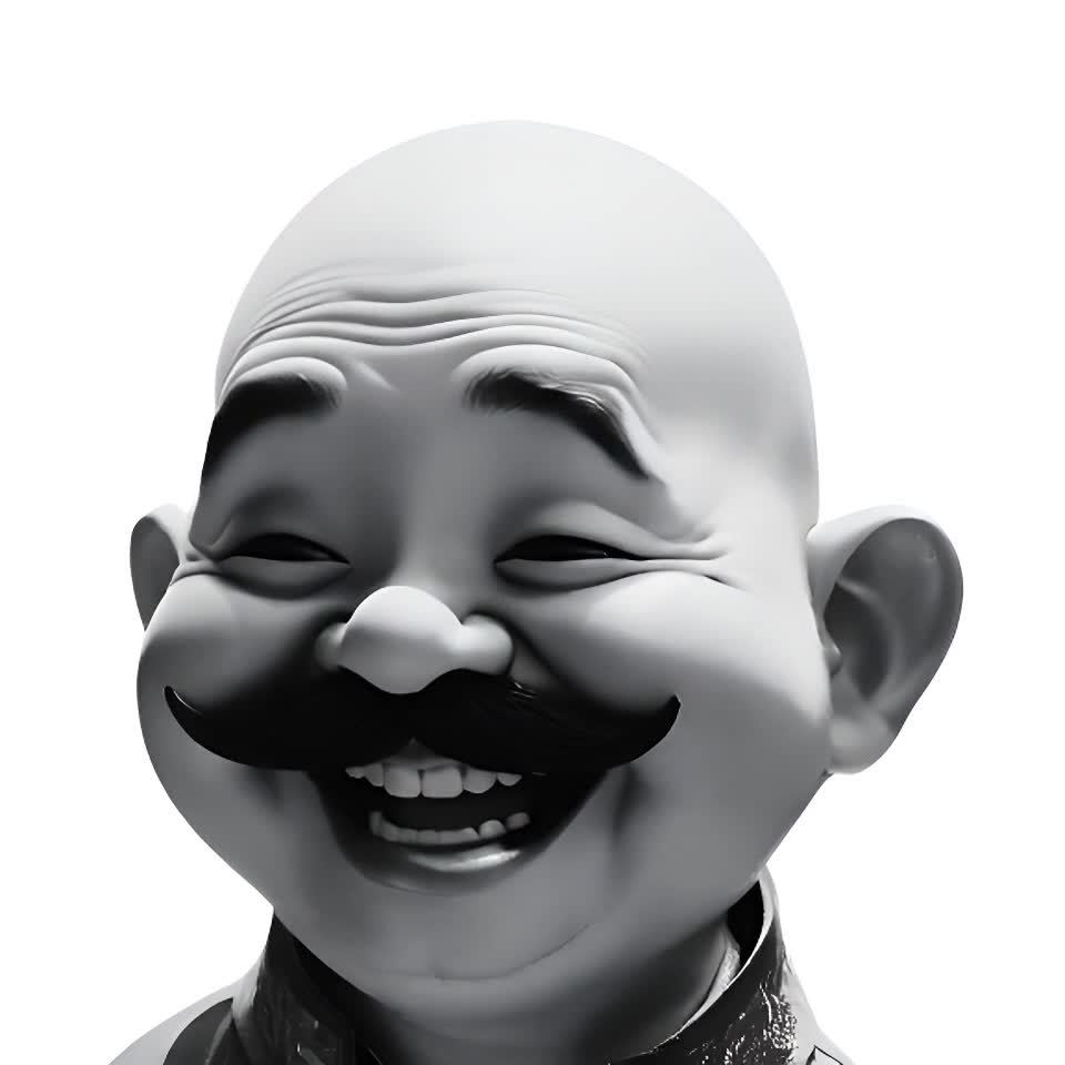 一个光头的人物脸部，有着浓密的黑色胡子，眼睛眯成一