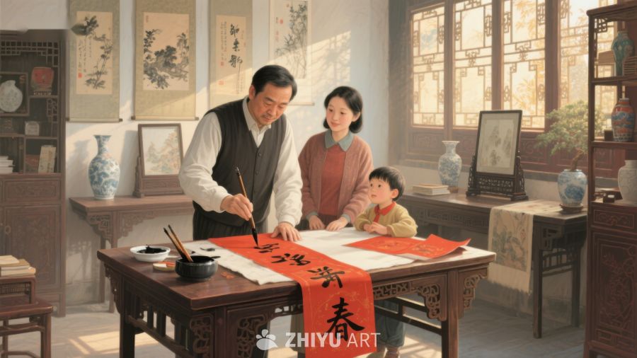 家庭共聚书房，长辈书写春联 446