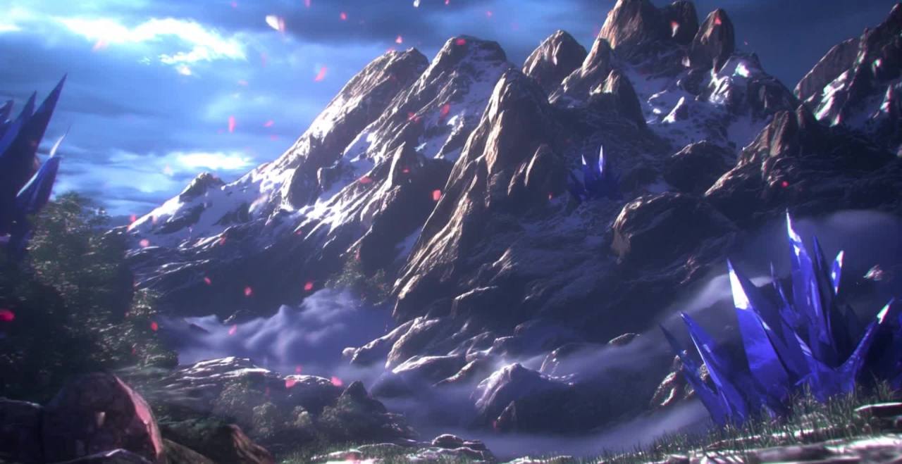 蓝色晶体雪山雾气弥漫红色碎片漂浮场景