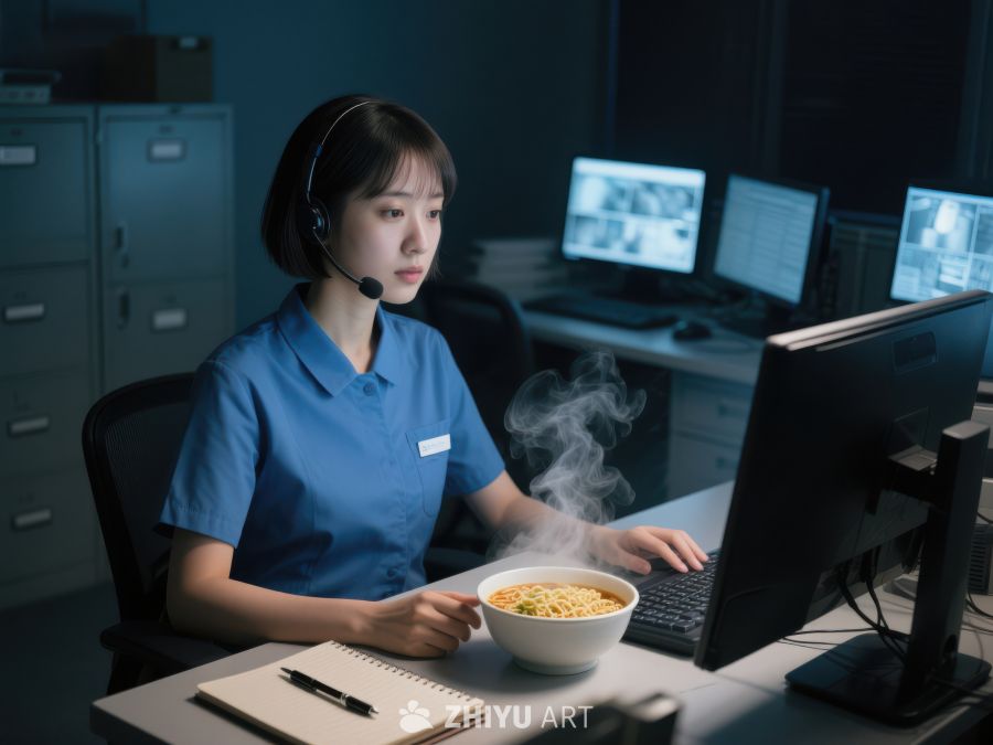 夜班工作人员专注工作，享用热气腾腾的面条 405