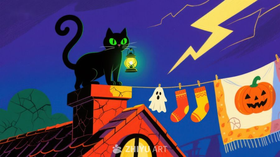 万圣夜屋顶上的黑猫